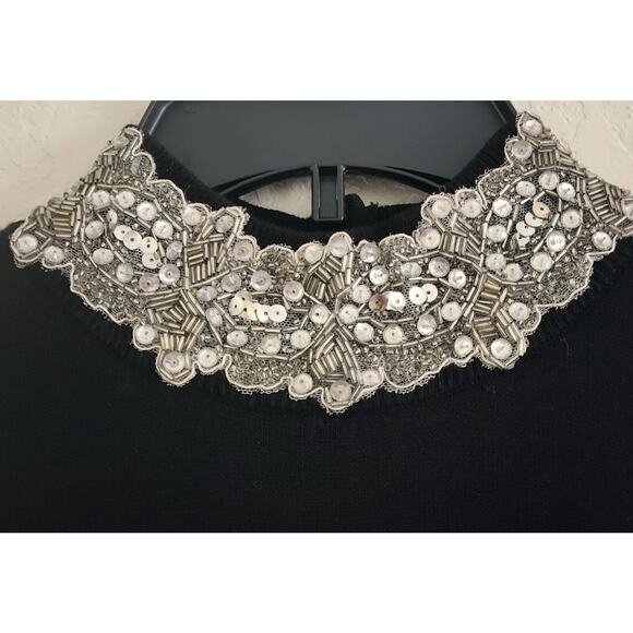 TOP-INC INTERNATIONAL CONCEPTS-Black-Beads-Sequins-Lace Collar-Snap Back-SIZE MP - Picture 2 of 15